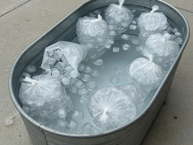 Imagen ilustrativa de una tina de metal con bolsas de hielo adentro