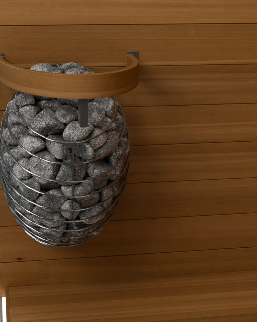 Render del interior de un sauna Mente Fria + HUUM con el calentador DROP
