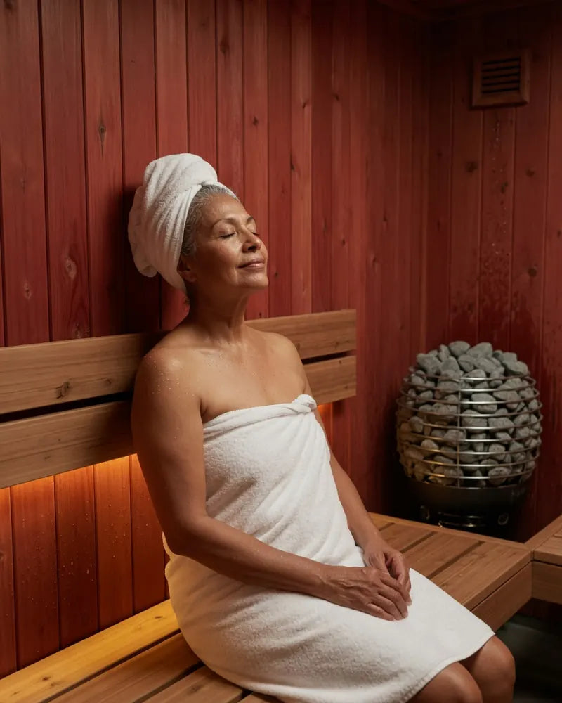 Imagen ilustrativa de una mujer relajada con los ojos cerrados en un sauna de cedro