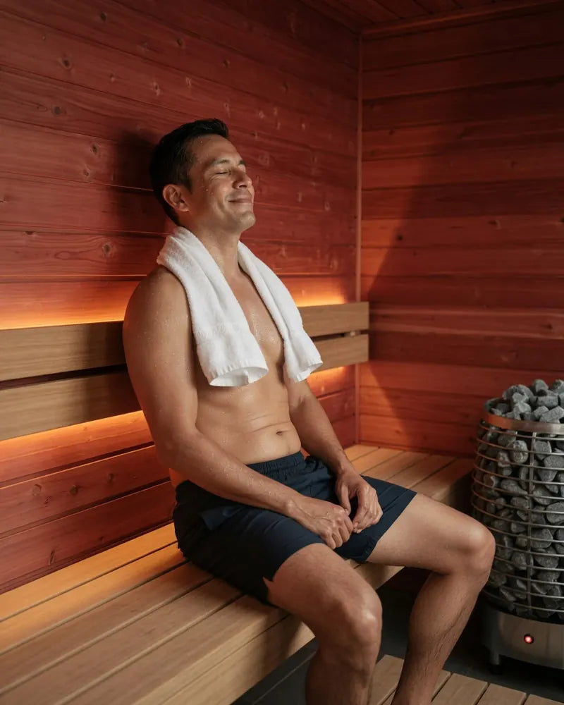 Imagen ilustrativa de un hombre descansando en la banca de un sauna de cedro después de entrenar
