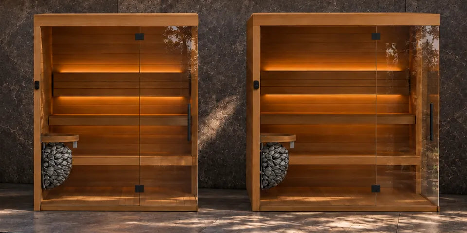 Render de los saunas Mente Fria + HUUM de cedro rojo junto a una alberca