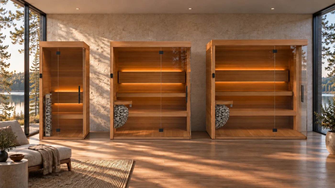 Render de los saunas 01, 03 y 05 Mente Fria + HUUM juntos, junto a un lago