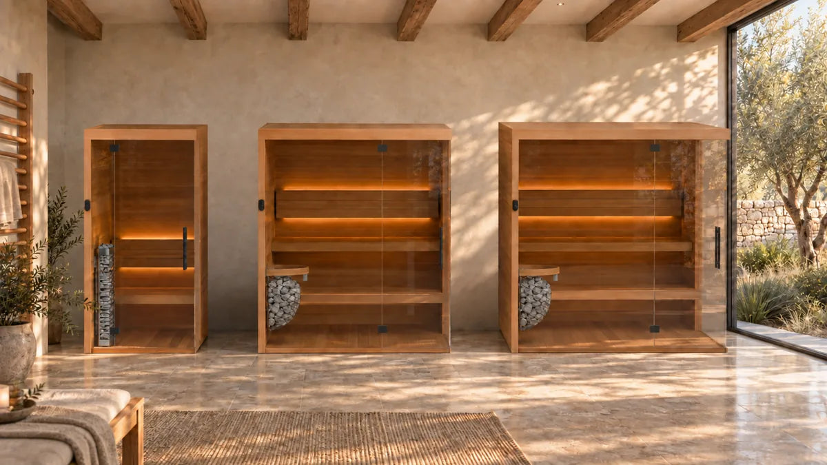 Render de los saunas Mente Fria + HUUM en una terraza con olivos
