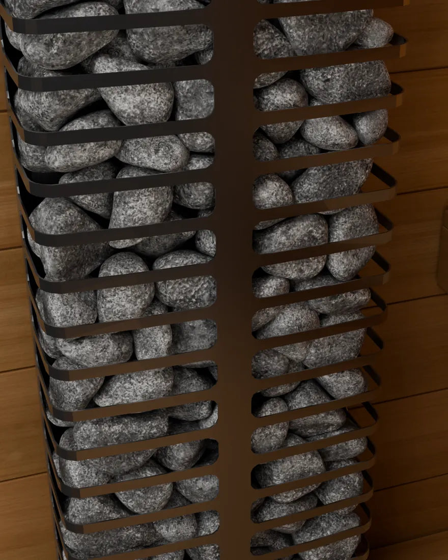 Render del calentador HUUM STEEL Mini lleno de piedras dentro de la cabina