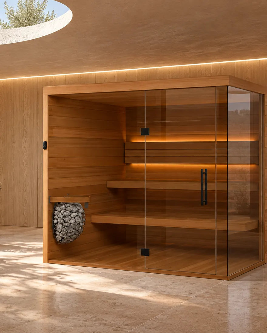 Render del Sauna 05 de cedro rojo con sus bancas iluminadas