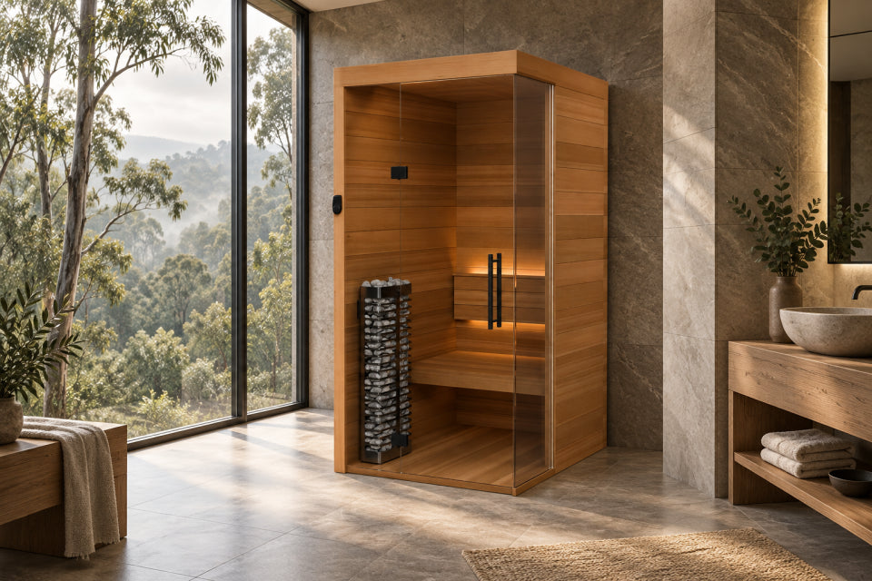 Render del Sauna 01. En un espacio junto al bosque