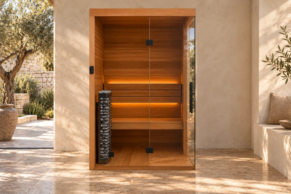 Render de ambiente del Sauna 01 de frente, centrado en un espacio arquitectónico