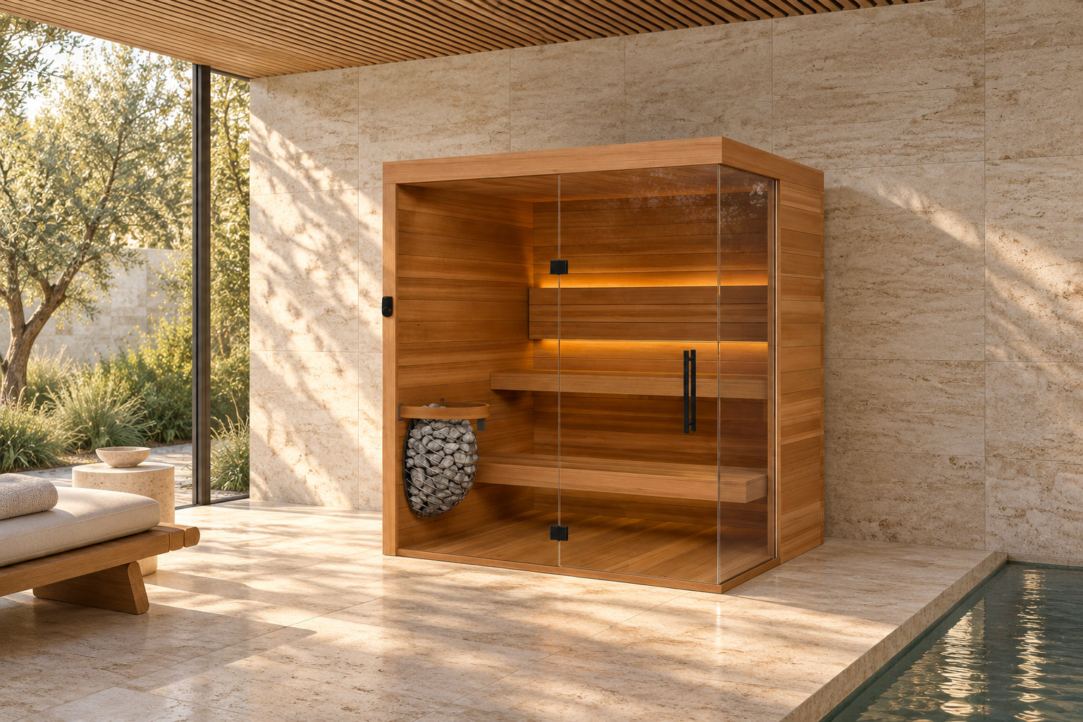 Render del Sauna 03. En un patio de arquitectura contemporánea