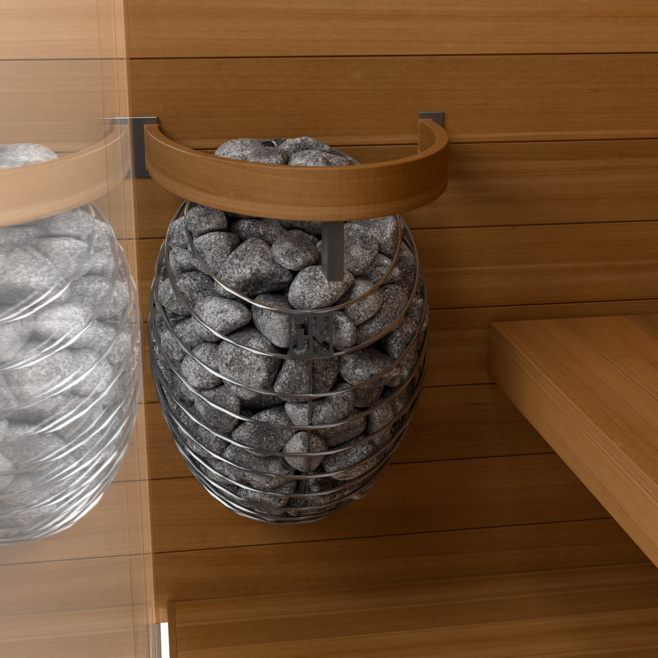Render de detalle del calentador HUUM DROP 6 dentro del Sauna 03