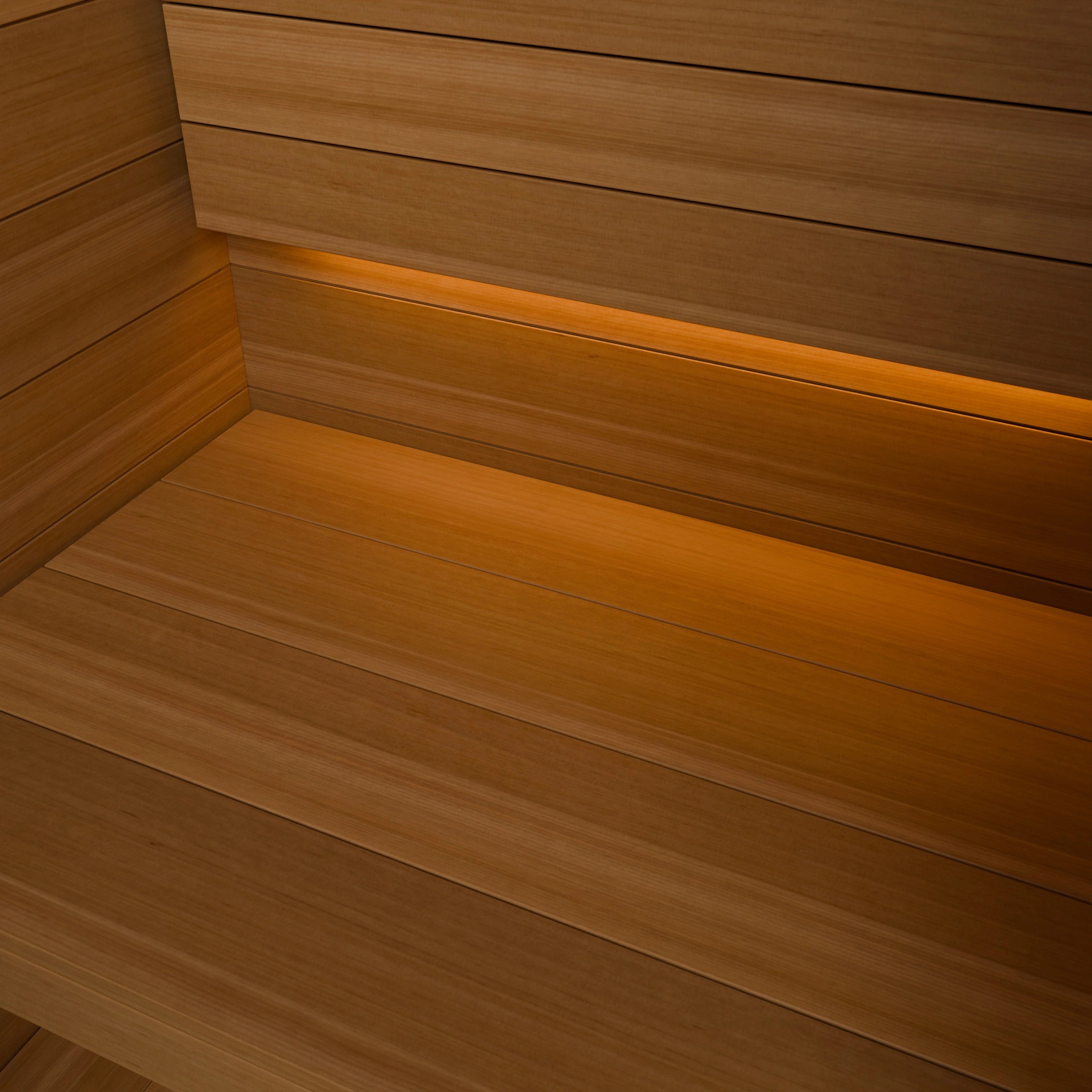 Render de detalle de las bancas y la veta del cedro rojo con iluminación cálida