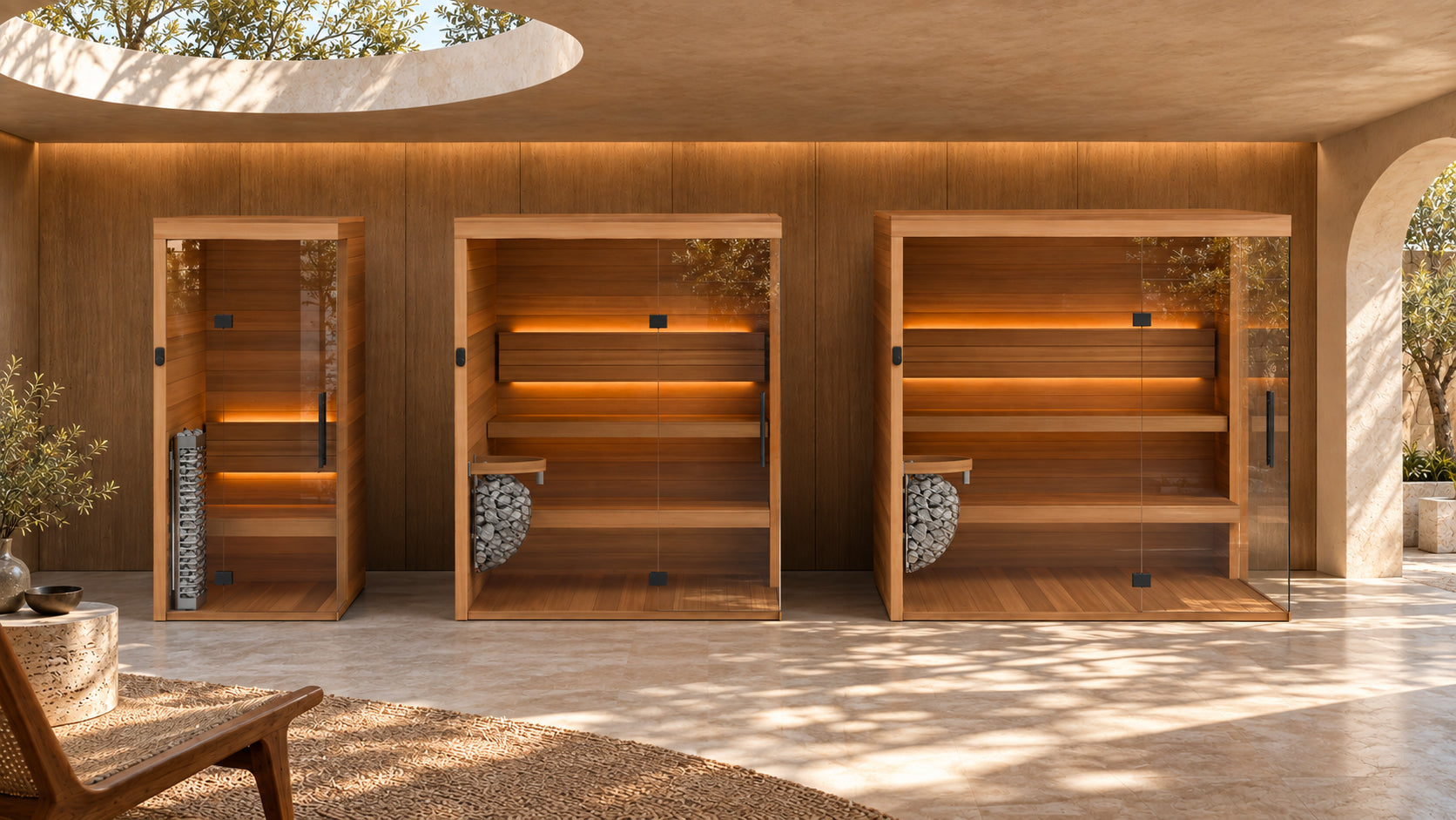 Los tres saunas Mente Fria + HUUM bajo un tragaluz circular